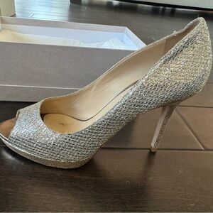 Jimmy Choo Metallic Luna Champagne Glitter Peep Toe Pumps Size 41 US 10.5